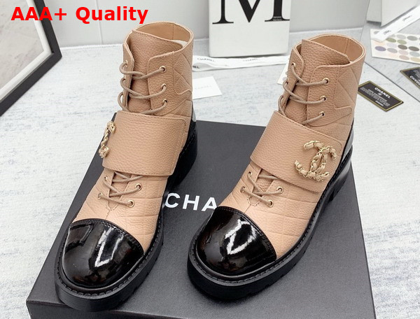 Chanel Lace Up Ankle Boots Beige Grained Calfskin and Black Patent Leather Replica