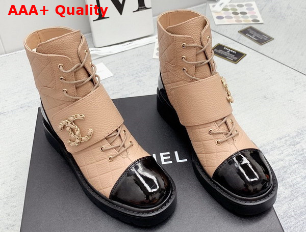 Chanel Lace Up Ankle Boots Beige Grained Calfskin and Black Patent Leather Replica