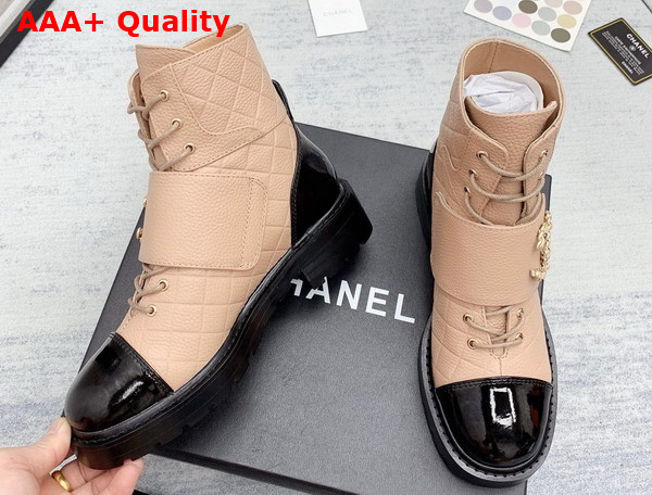 Chanel Lace Up Ankle Boots Beige Grained Calfskin and Black Patent Leather Replica