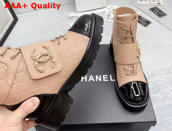 Chanel Lace Up Ankle Boots Beige Grained Calfskin and Black Patent Leather Replica