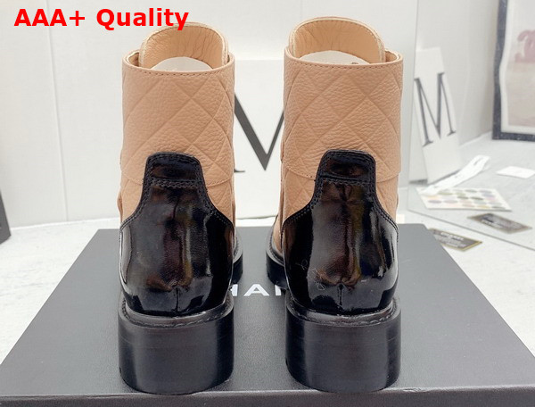 Chanel Lace Up Ankle Boots Beige Grained Calfskin and Black Patent Leather Replica