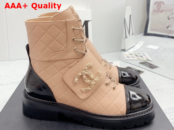 Chanel Lace Up Ankle Boots Beige Grained Calfskin and Black Patent Leather Replica