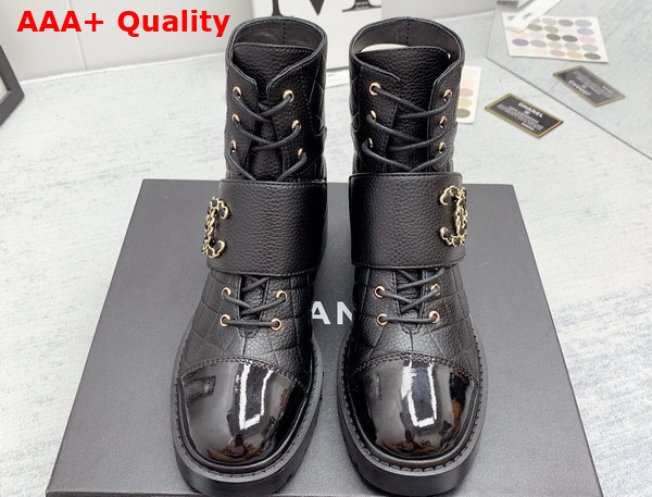 Chanel Lace Up Ankle Boots Black Grained Calfskin and Patent Leather Replica