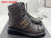 Chanel Lace Up Ankle Boots Black Grained Calfskin and Patent Leather Replica