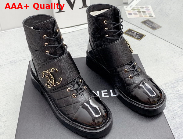 Chanel Lace Up Ankle Boots Black Grained Calfskin and Patent Leather Replica