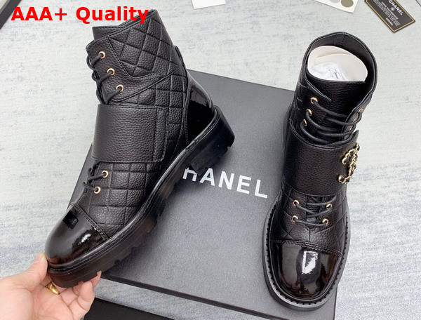 Chanel Lace Up Ankle Boots Black Grained Calfskin and Patent Leather Replica