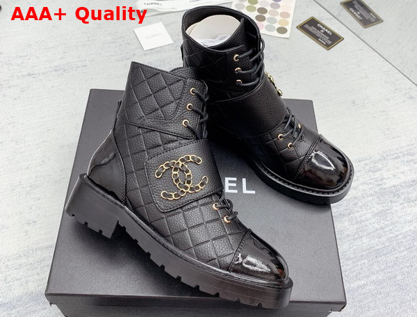 Chanel Lace Up Ankle Boots Black Grained Calfskin and Patent Leather Replica