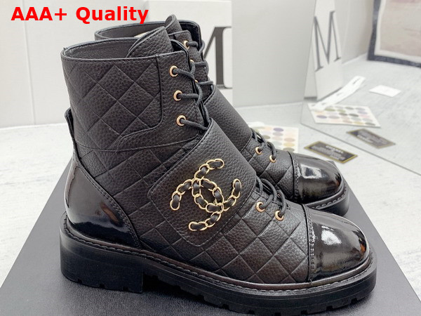 Chanel Lace Up Ankle Boots Black Grained Calfskin and Patent Leather Replica