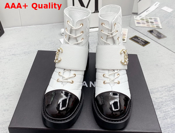 Chanel Lace Up Ankle Boots White Grained Calfskin and Black Patent Leather Replica