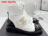 Chanel Lace Up Ankle Boots White Grained Calfskin and Black Patent Leather Replica