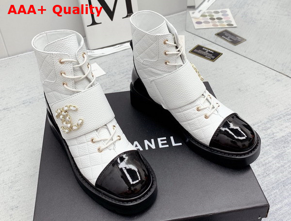 Chanel Lace Up Ankle Boots White Grained Calfskin and Black Patent Leather Replica