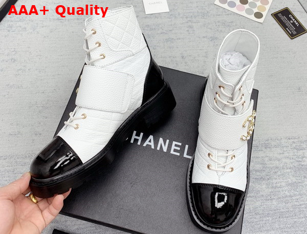 Chanel Lace Up Ankle Boots White Grained Calfskin and Black Patent Leather Replica