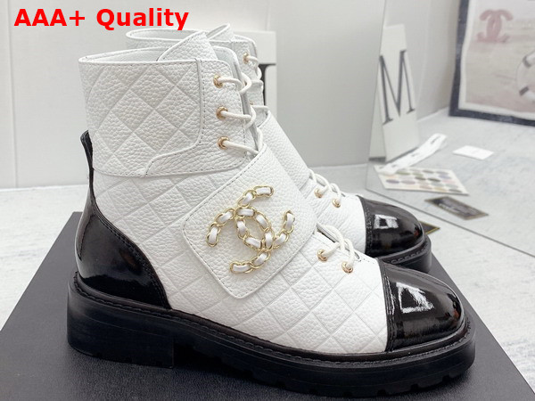 Chanel Lace Up Ankle Boots White Grained Calfskin and Black Patent Leather Replica