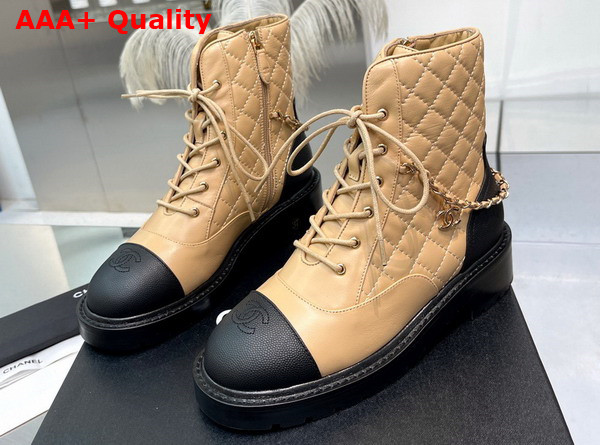 Chanel Lace Up Ankle Boots in Beige and Black Lambskin and Grained Calfskin Replica