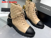 Chanel Lace Up Ankle Boots in Beige and Black Lambskin and Grained Calfskin Replica