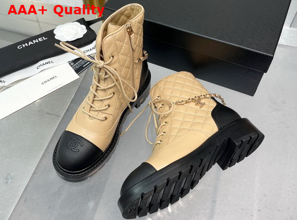 Chanel Lace Up Ankle Boots in Beige and Black Lambskin and Grained Calfskin Replica