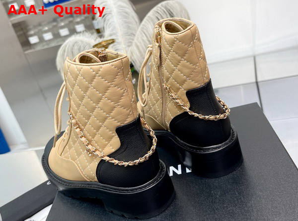 Chanel Lace Up Ankle Boots in Beige and Black Lambskin and Grained Calfskin Replica