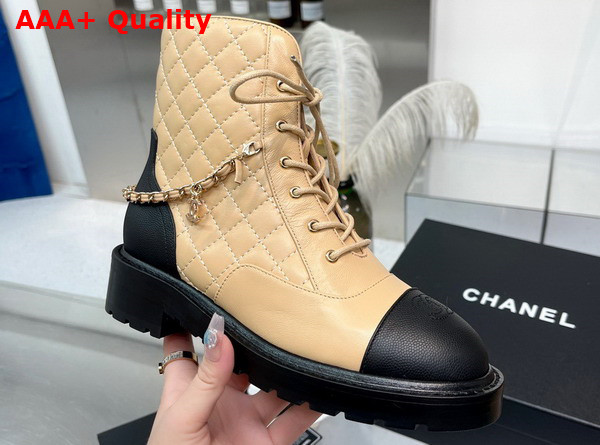 Chanel Lace Up Ankle Boots in Beige and Black Lambskin and Grained Calfskin Replica