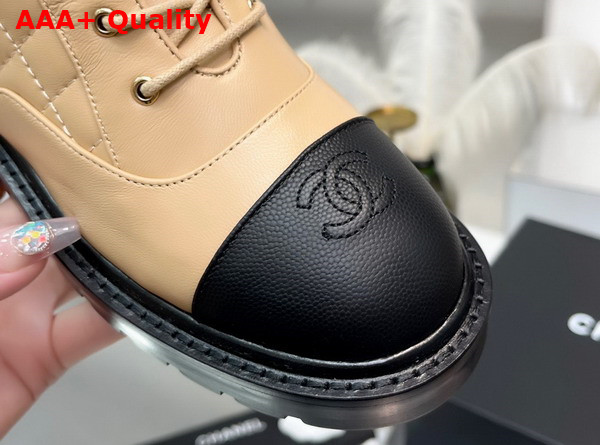 Chanel Lace Up Ankle Boots in Beige and Black Lambskin and Grained Calfskin Replica