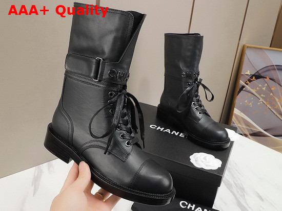 Chanel Lace Up Ankle Boots in Black Calfskin Replica