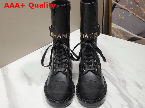 Chanel Lace Up Ankle Boots in Black Calfskin and Grosgrain Replica