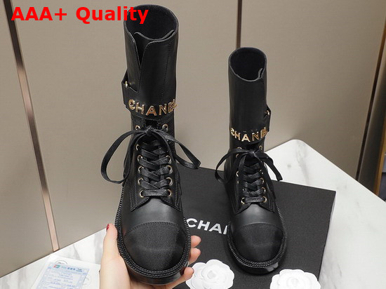 Chanel Lace Up Ankle Boots in Black Calfskin and Grosgrain Replica