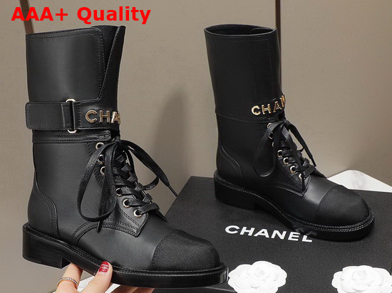 Chanel Lace Up Ankle Boots in Black Calfskin and Grosgrain Replica