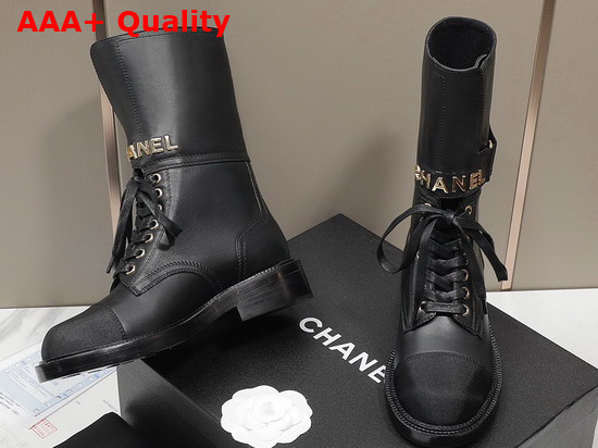 Chanel Lace Up Ankle Boots in Black Calfskin and Grosgrain Replica