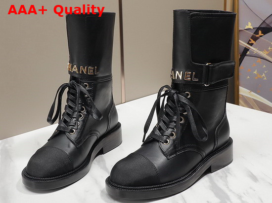 Chanel Lace Up Ankle Boots in Black Calfskin and Grosgrain Replica