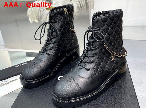 Chanel Lace Up Ankle Boots in Black Lambskin and Grained Calfskin Replica