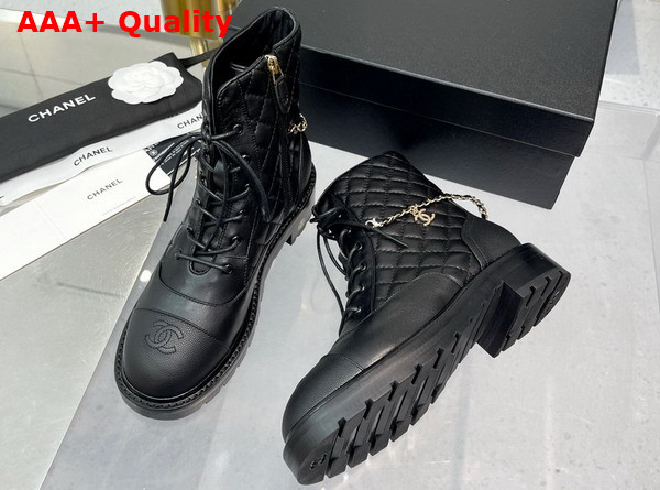 Chanel Lace Up Ankle Boots in Black Lambskin and Grained Calfskin Replica