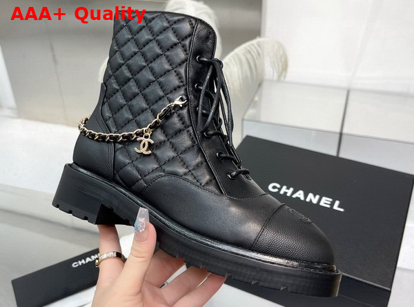 Chanel Lace Up Ankle Boots in Black Lambskin and Grained Calfskin Replica