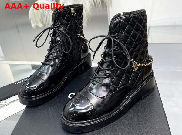 Chanel Lace Up Ankle Boots in Black Shiny Lambskin Replica