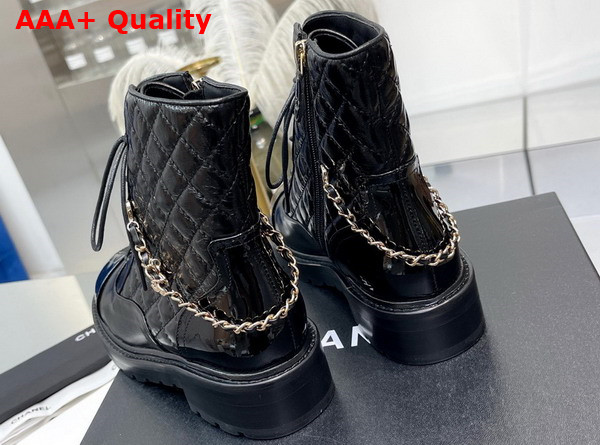 Chanel Lace Up Ankle Boots in Black Shiny Lambskin Replica