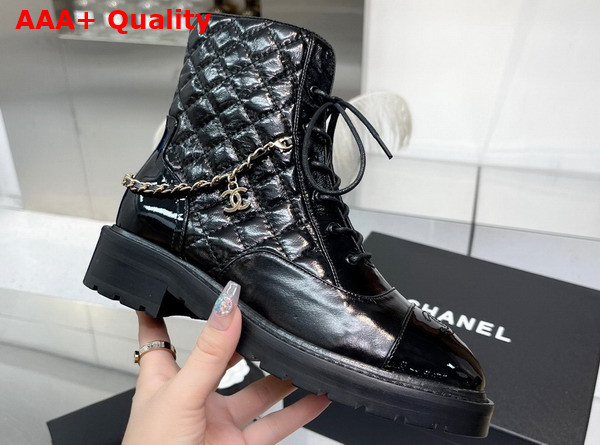 Chanel Lace Up Ankle Boots in Black Shiny Lambskin Replica