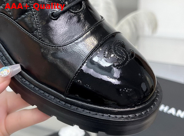 Chanel Lace Up Ankle Boots in Black Shiny Lambskin Replica