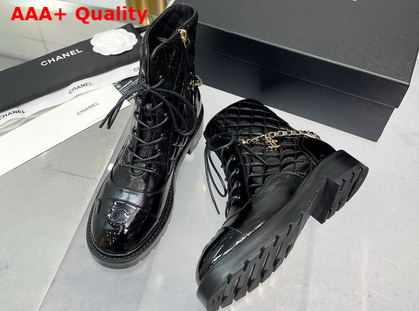 Chanel Lace Up Ankle Boots in Black Shiny Lambskin Replica