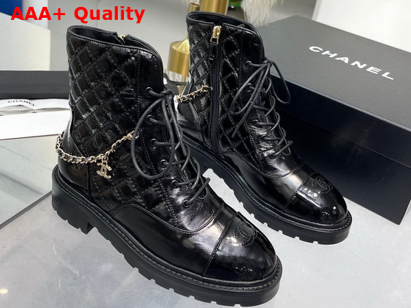 Chanel Lace Up Ankle Boots in Black Shiny Lambskin Replica