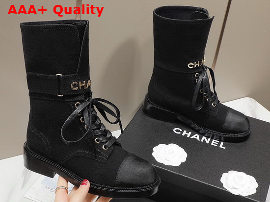 Chanel Lace Up Ankle Boots in Black Suede Leather Replica