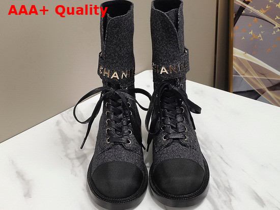 Chanel Lace Up Ankle Boots in Black Tweed Replica