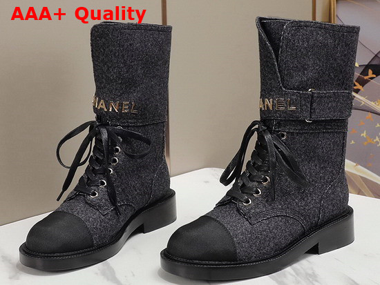 Chanel Lace Up Ankle Boots in Black Tweed Replica