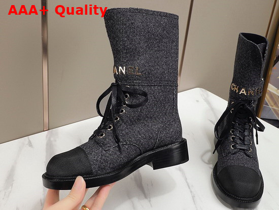 Chanel Lace Up Ankle Boots in Black Tweed Replica