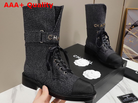 Chanel Lace Up Ankle Boots in Black Tweed Replica