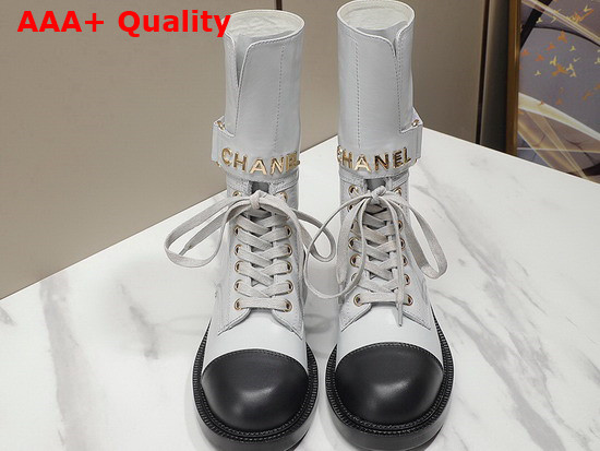 Chanel Lace Up Ankle Boots in White and Black Calfskin Replica