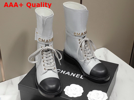 Chanel Lace Up Ankle Boots in White and Black Calfskin Replica