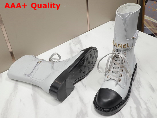 Chanel Lace Up Ankle Boots in White and Black Calfskin Replica