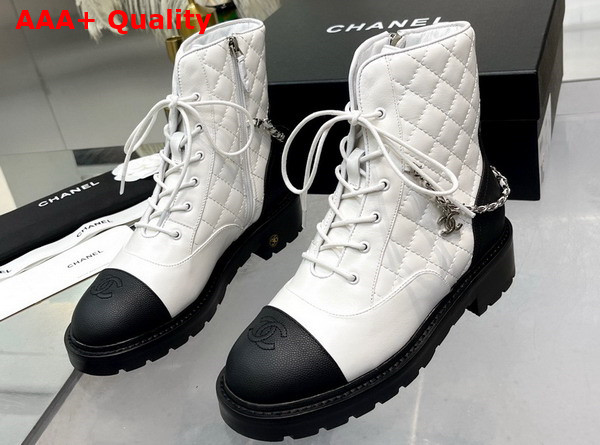 Chanel Lace Up Ankle Boots in White and Black Lambskin and Grained Calfskin Replica