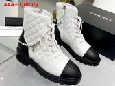 Chanel Lace Up Ankle Boots in White and Black Lambskin and Grained Calfskin Replica