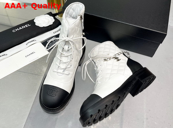 Chanel Lace Up Ankle Boots in White and Black Lambskin and Grained Calfskin Replica