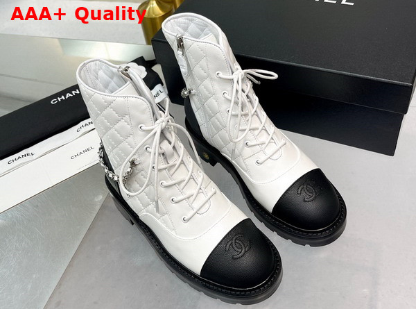 Chanel Lace Up Ankle Boots in White and Black Lambskin and Grained Calfskin Replica